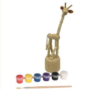 Nell'immagine si può vedere la giraffa da dipingere insieme ai sei colori e al pennello inclusi nella confezione.